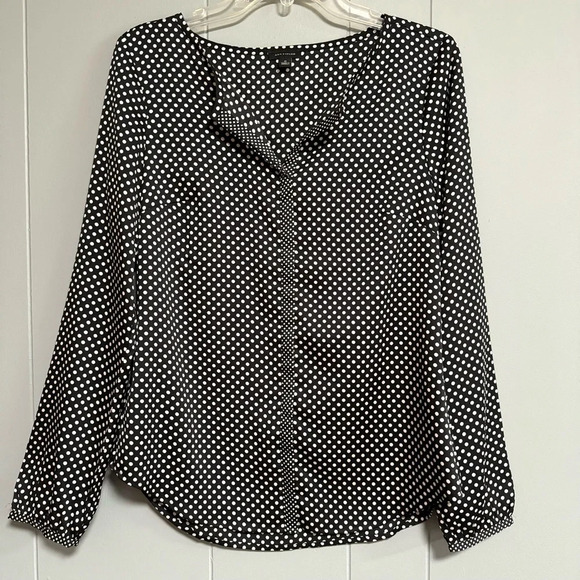 ANN TAYLOR Long Sleeve Hidden Button Front Polka Dot Contrast Trim Blouse Size 0 - Picture 1 of 7